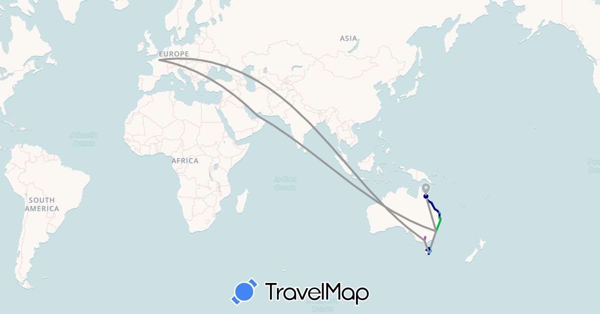 TravelMap itinerary: driving, bus, plane, train, boat in United Arab Emirates, Australia, France (Asia, Europe, Oceania)